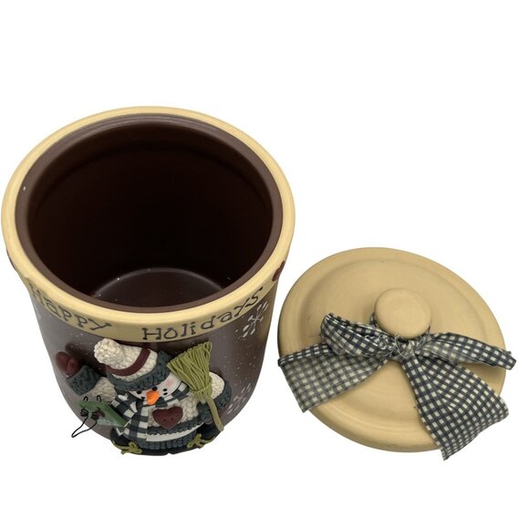 Happy Holidays 3D Snowman Ceramic Cookie Jar Lid Bow 7" Brown Snowflake Design - Picture 4 of 12